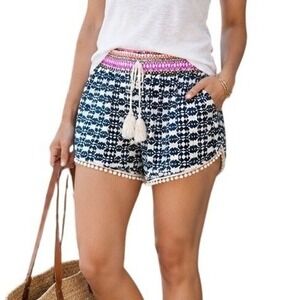 Indie Tassel Pom Pom Beach Shorts Geometric Print Women's Medium Blue Rain